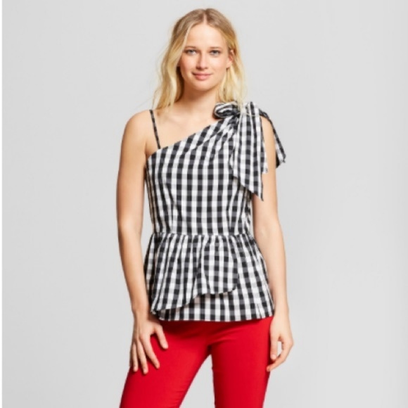 Who What Wear Tops - Who What Wear • Gingham Plaid Blouse Tie Shoulder